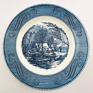 Vintage Currier & Ives Royal Old Grist Mill Blue White 8.5' Dinner Plate USA